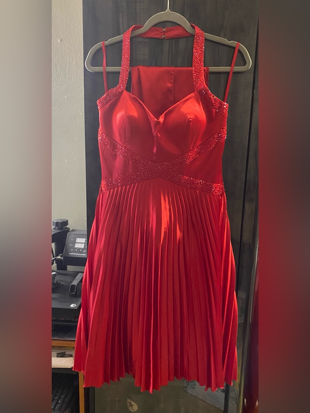 Red Beaded Halter Pleated Cocktail Dress